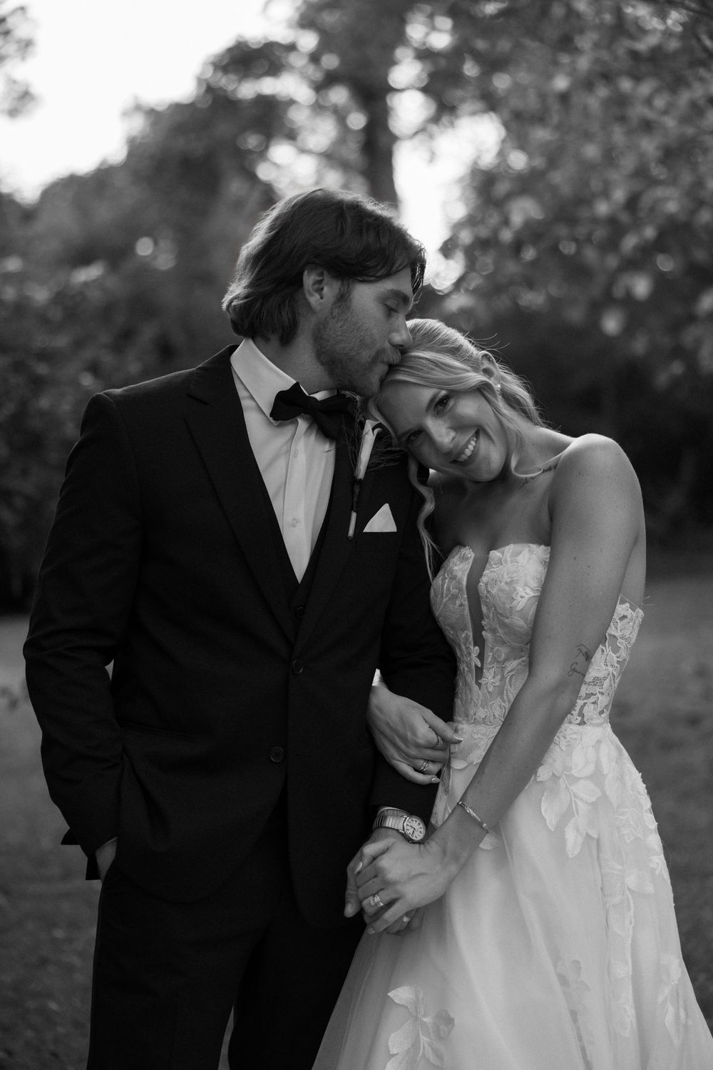 Black and white photo of bride and groom at The Elms of Coosada in Coosada, Alabama