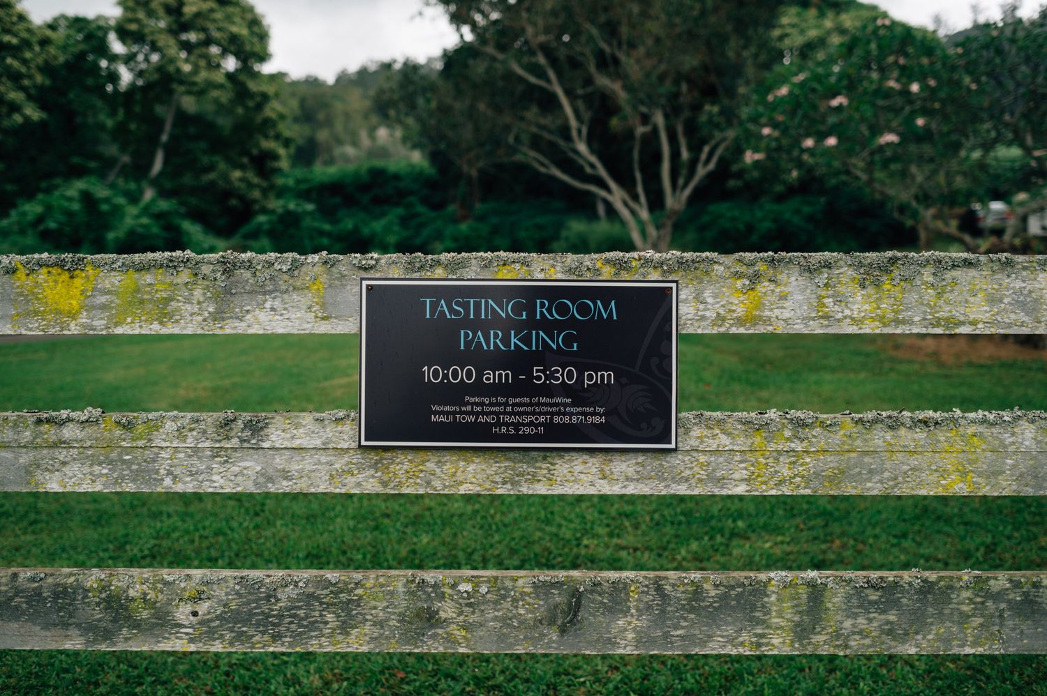 Stone wall with tasting room signage at an upscale winery.