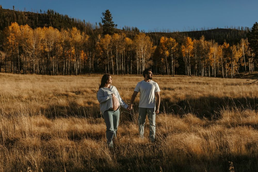 Expecting couple walks hand-in-hand through golden autumn meadow surrounded by vibrant yellow aspen trees.