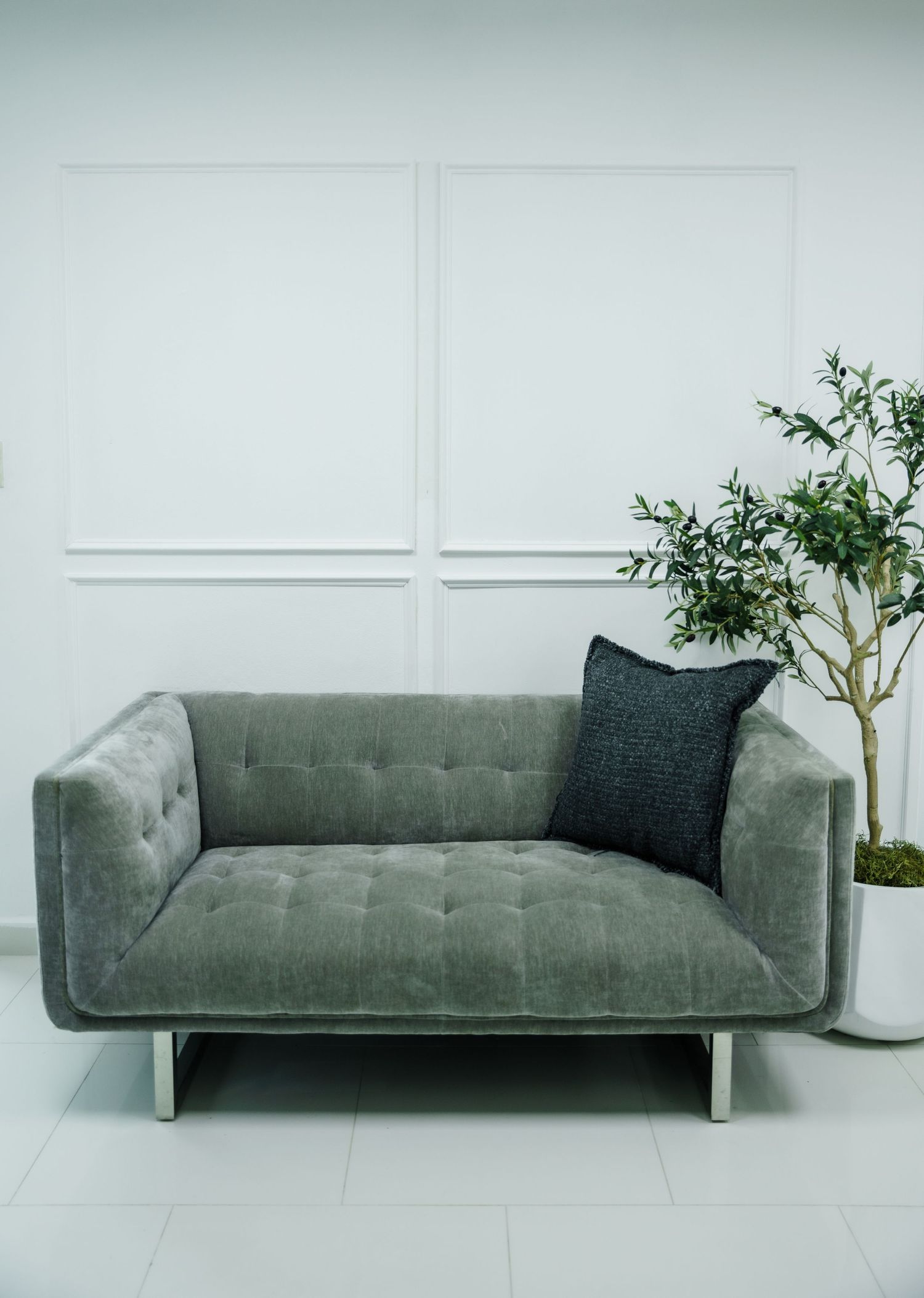 Modern gray velvet tufted loveseat with black throw pillow sits against white wall beside potted plant.