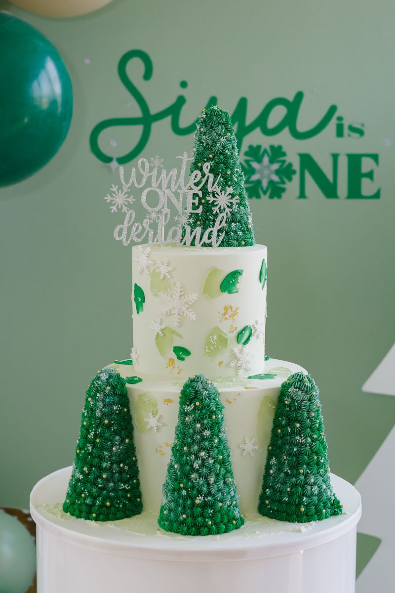 A three-tiered 'Winter ONEderland' cake with green trees and snowflakes at Siva's birthday party. Captured by NYC family photographer Paula