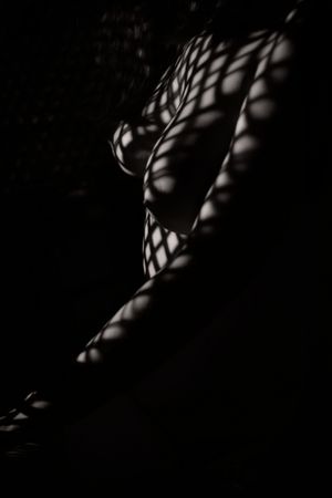 Fine art nude study of a woman’s figure shaped by patterned shadow and dramatic low-key lighting