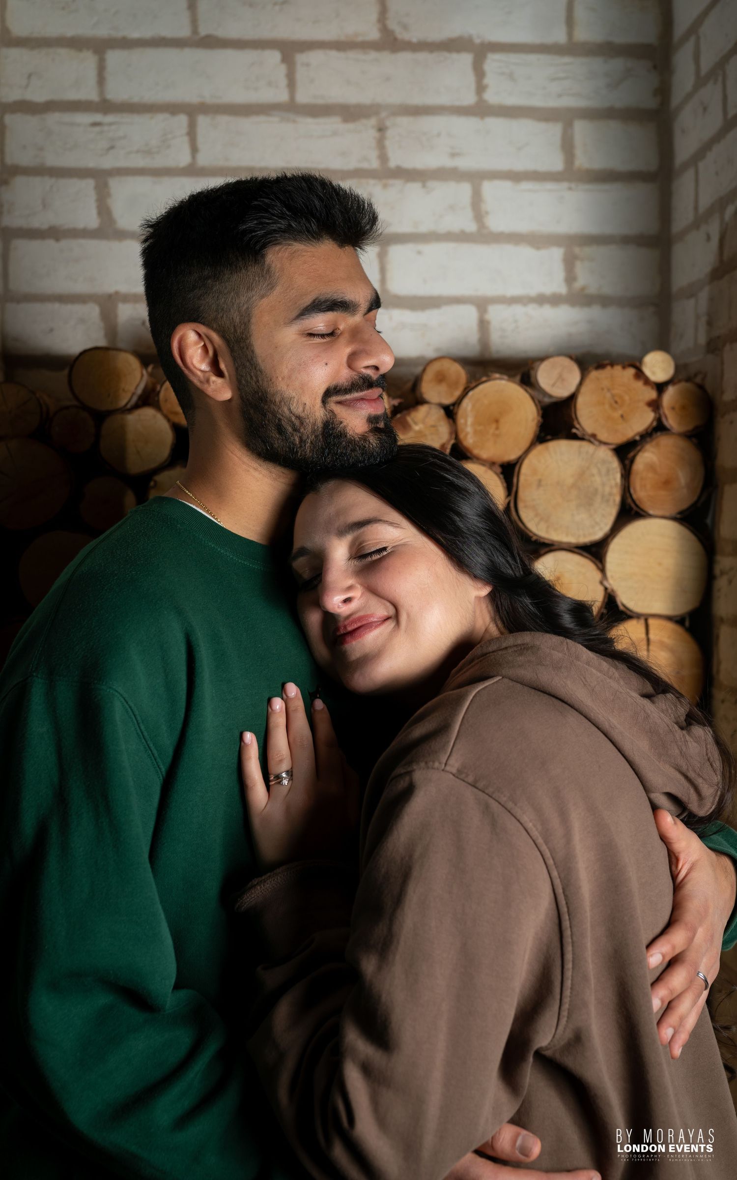 Romantic couple photography sequence against rustic wooden wall backdrop.