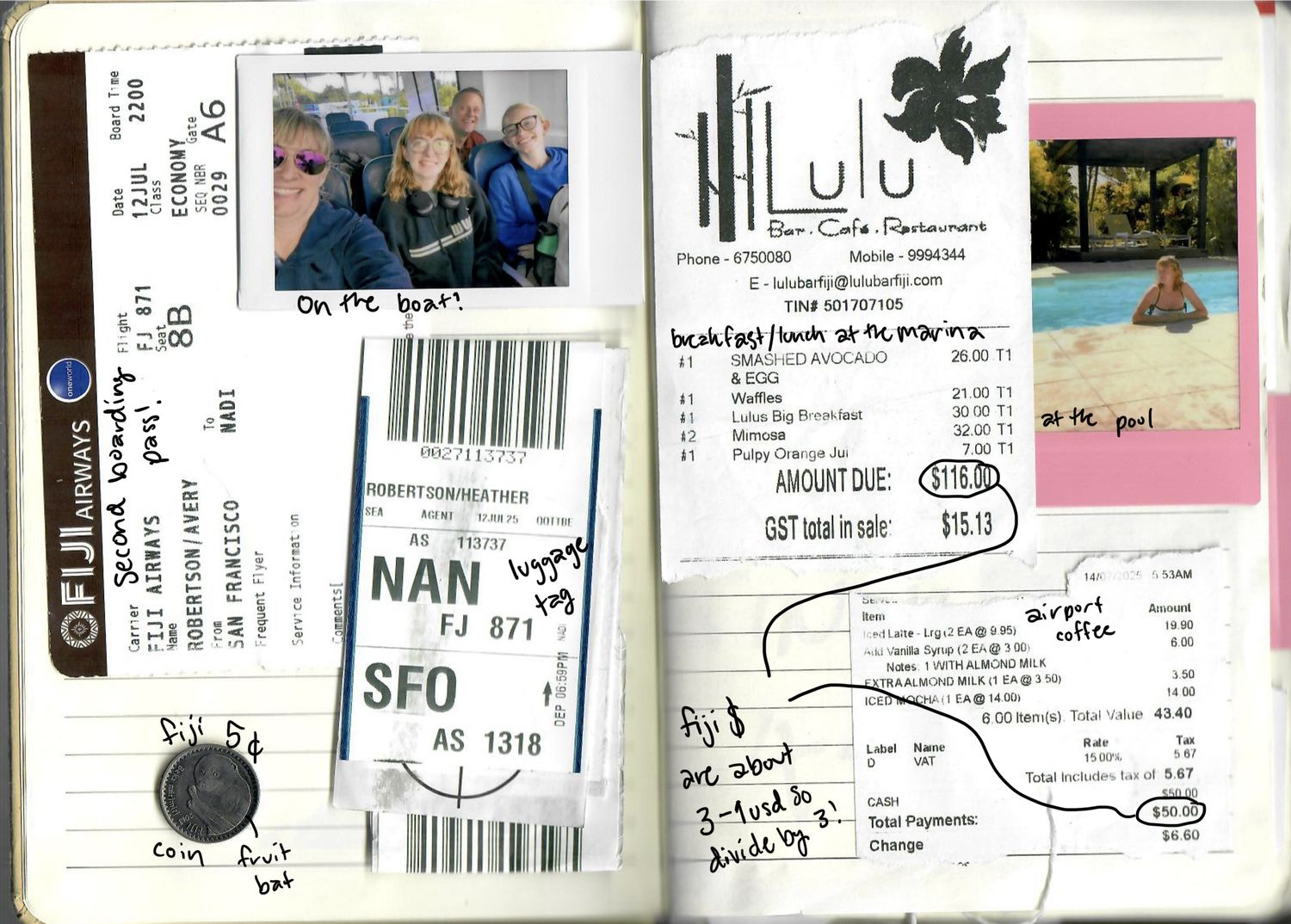 A collection of open notebooks and papers spread across a surface showing handwritten notes and documents.