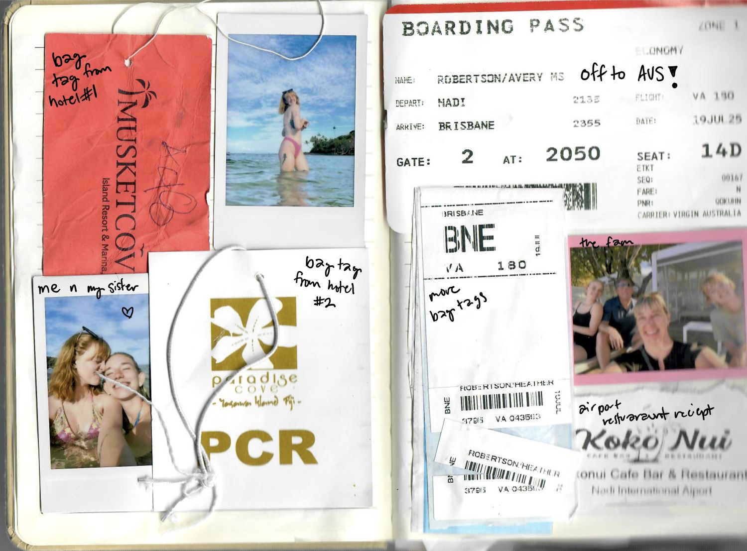 A collage of travel documents, boarding passes, tickets and vacation photos arranged in a horizontal strip.