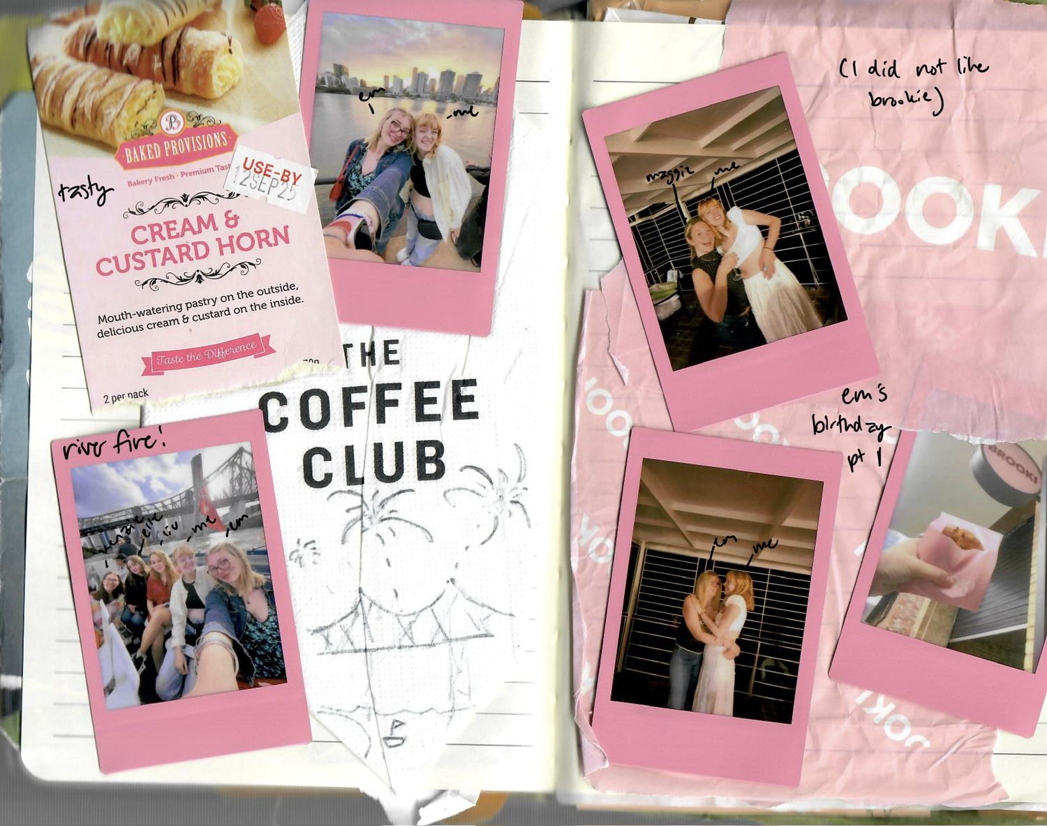 A collage of pink-tinted polaroid style photos featuring coffee, text snippets, and social moments arranged in a row.