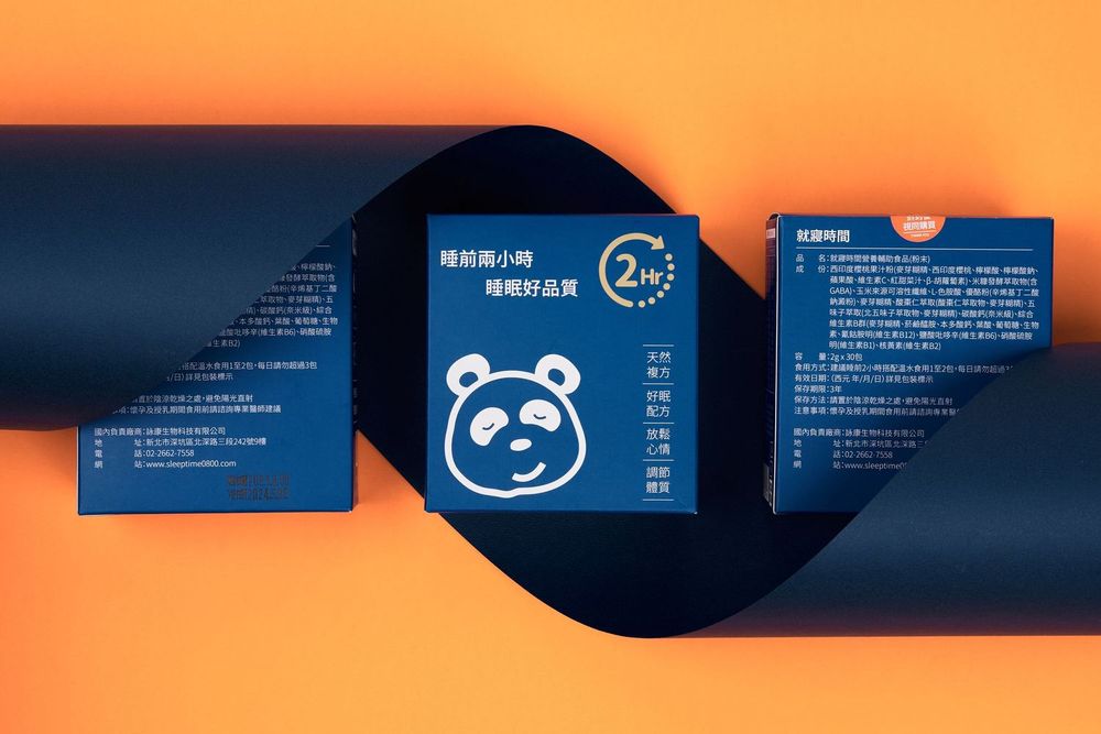 Blue product information cards with a cute panda bear logo arranged on an orange background.
