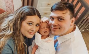 Family portrait series showing loving interactions with a baby in white clothing.