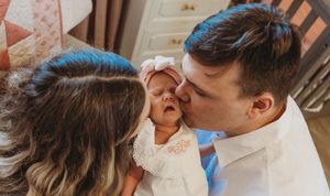 Family photo series showing parents sharing loving moments with their baby.