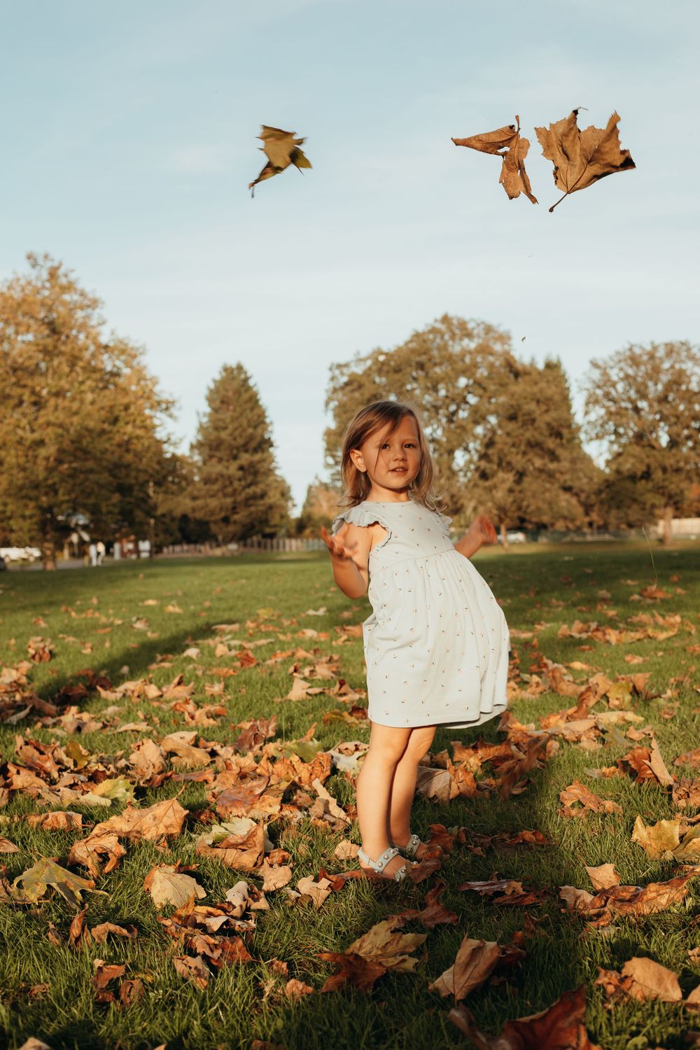 A child plays joyfully among scattered autumn leaves in a sunny park setting during golden hour.