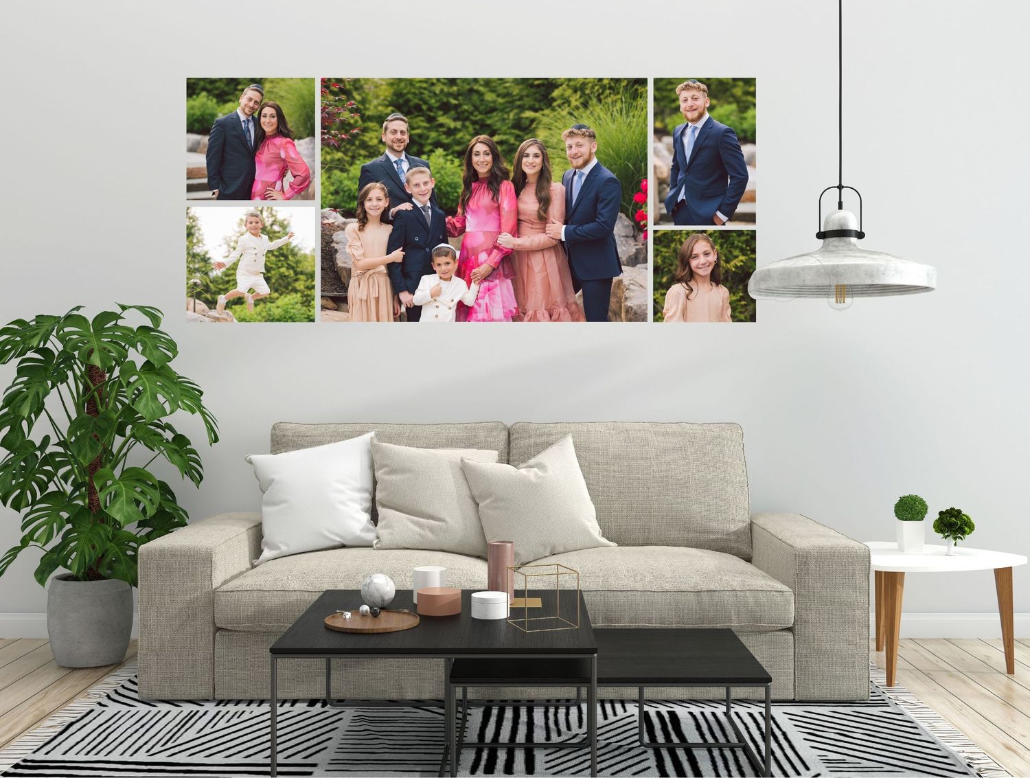 Contemporary living room with beige sectional sofa, potted plants and family photos on white walls.