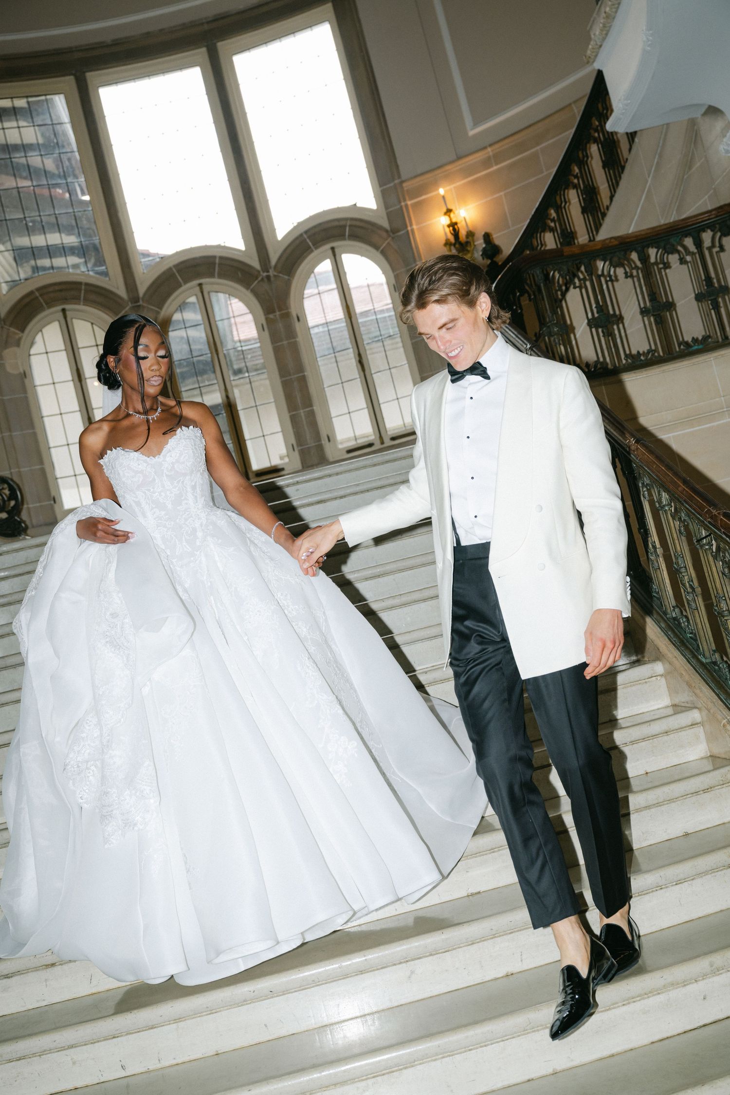 The Armour House Wedding in Lake Forest, IL - Bride and Groom Staircase Portraits with direct flash