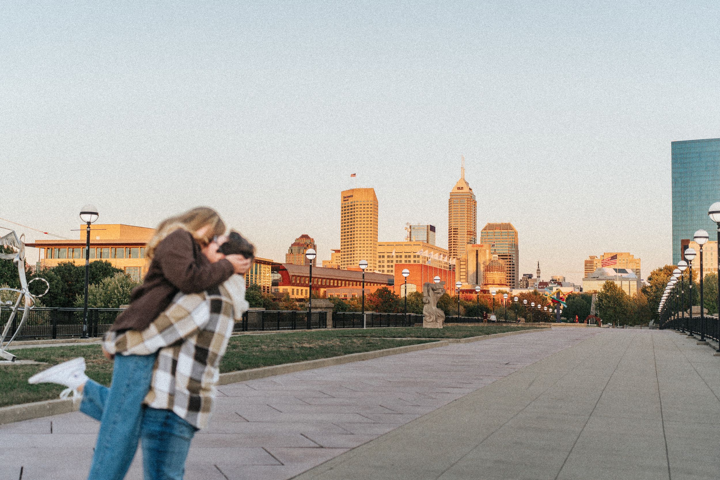 A series of five urban skyline photos showing cityscapes at sunset with warm golden lighting.