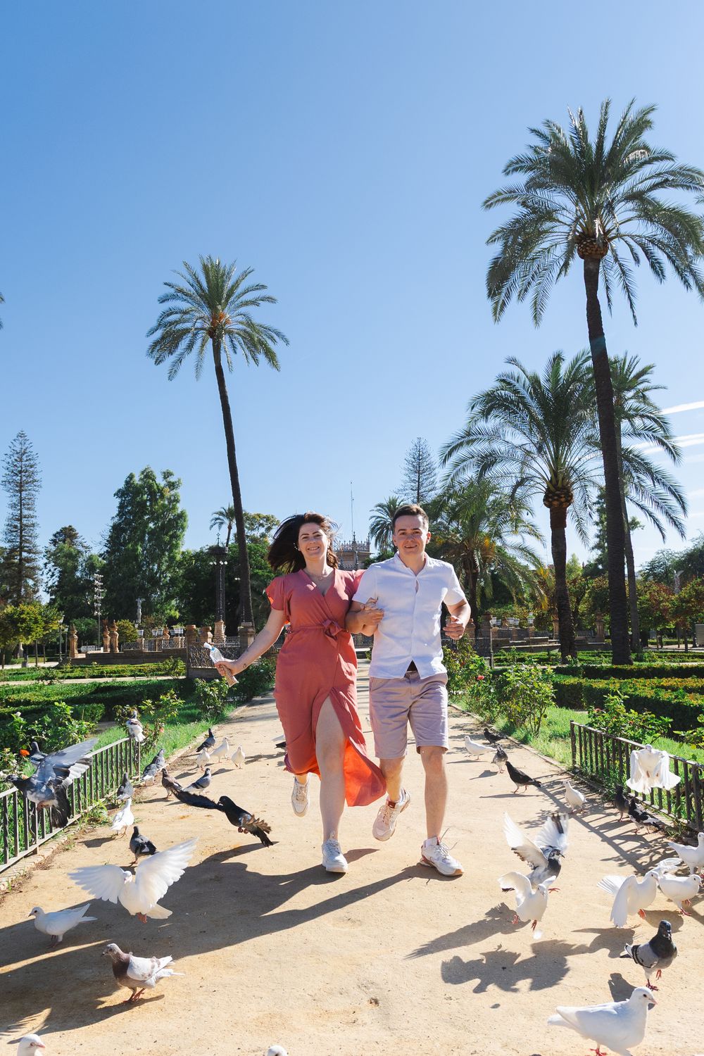 A couple strolls along a palm-lined path surrounded by seagulls in a sunny Mediterranean garden setting.