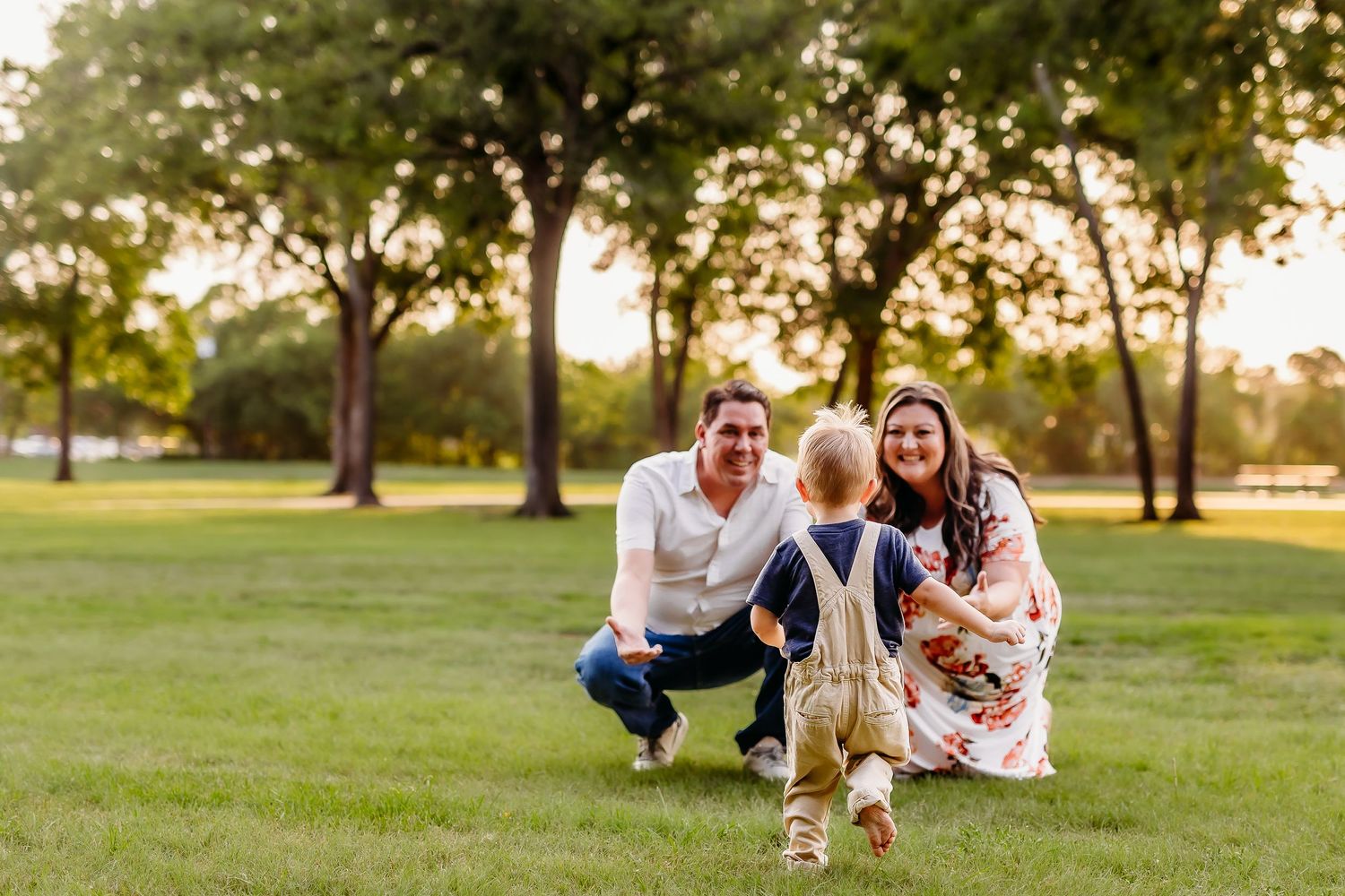 Family photo session in a park with trees at golden hour sunset.