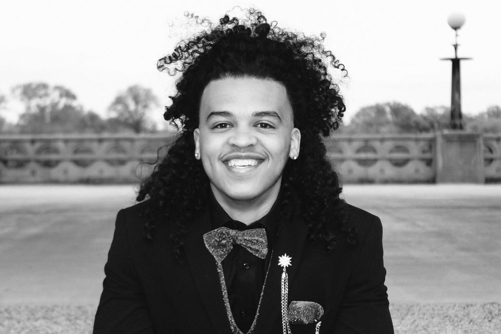 Portrait series showing black and white photos of someone in formal attire.