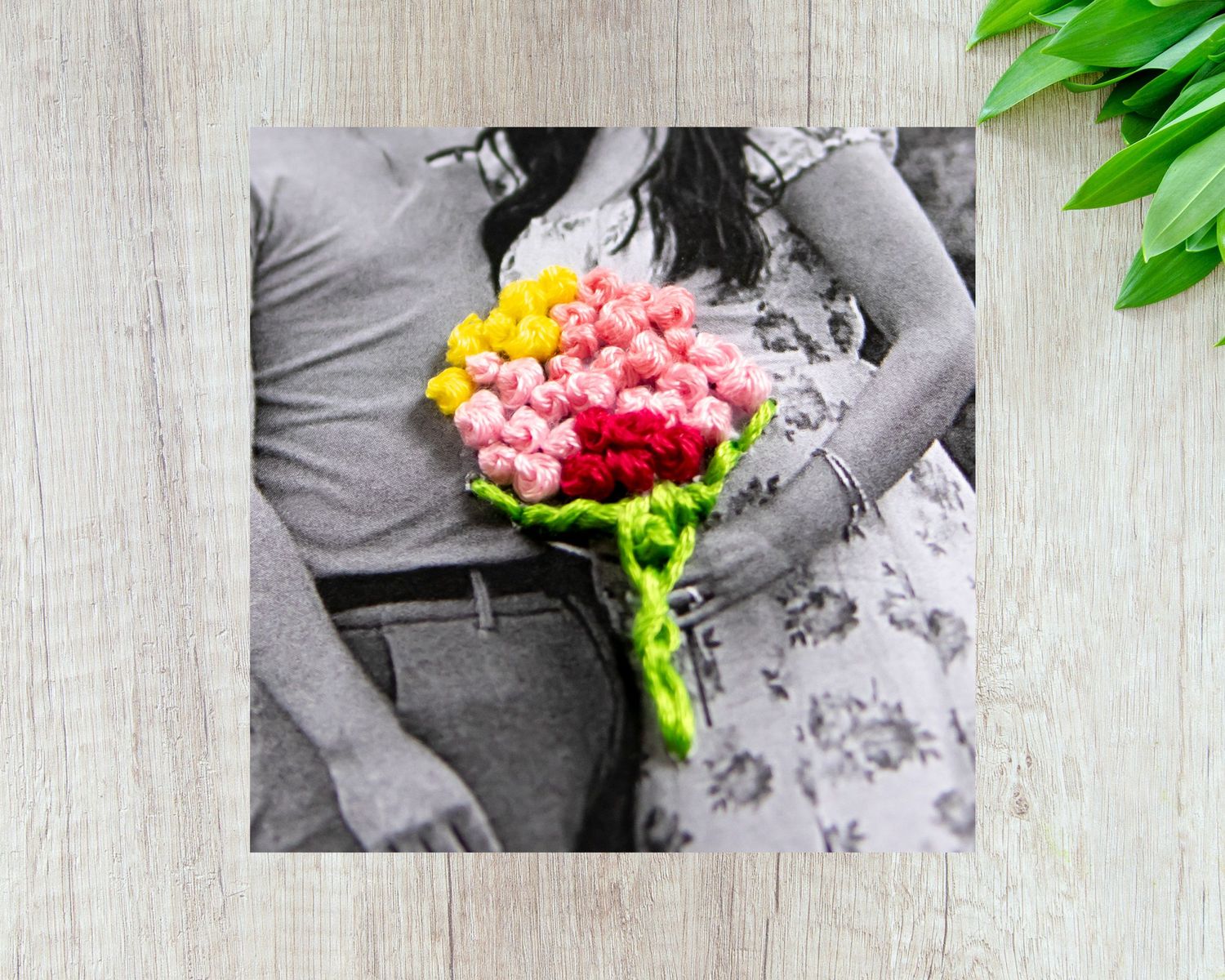 Wedding photography sequence featuring colorful bouquets against a light wood backdrop.