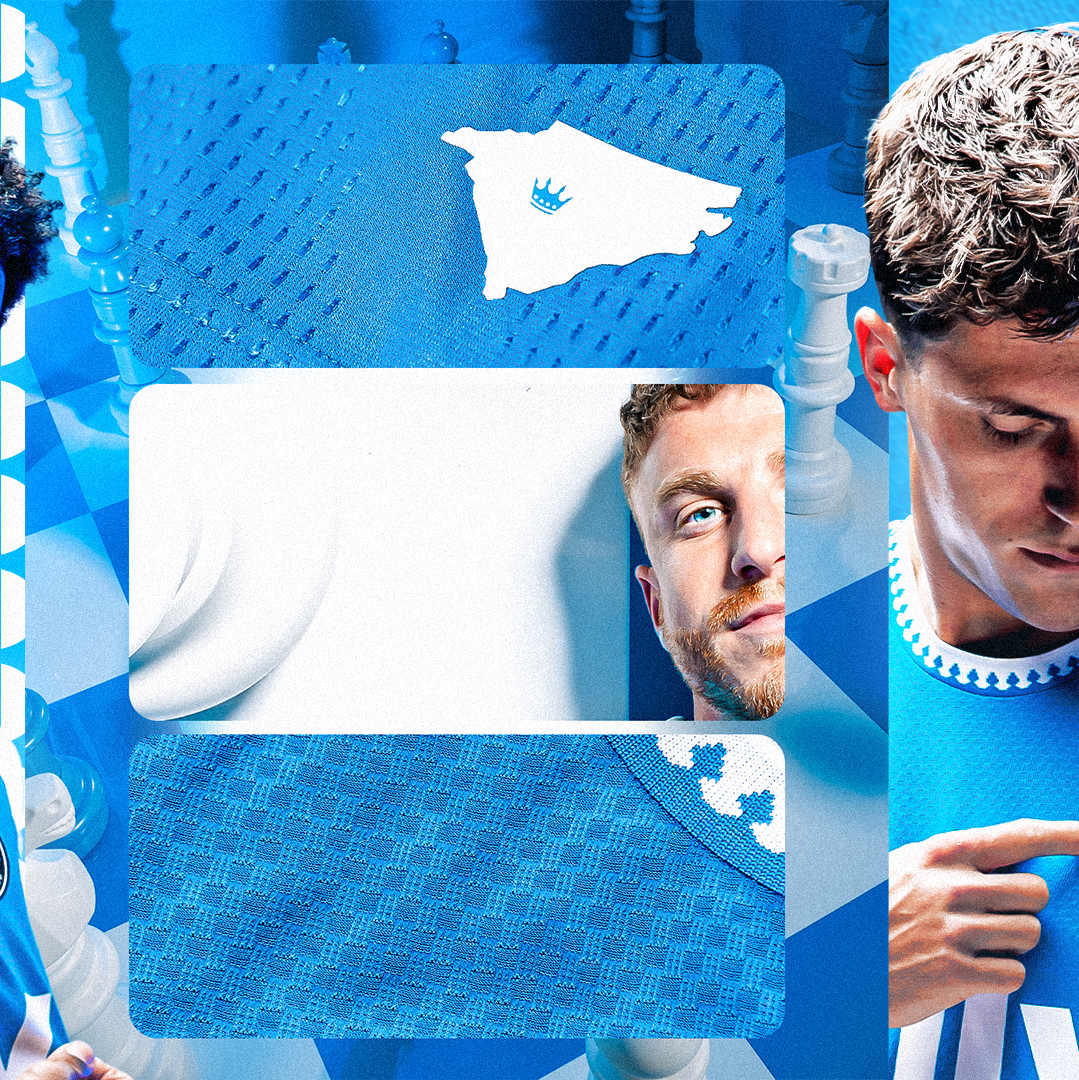 Collage of Charlotte FC players showcasing blue and white Adidas ally jersey details and design.