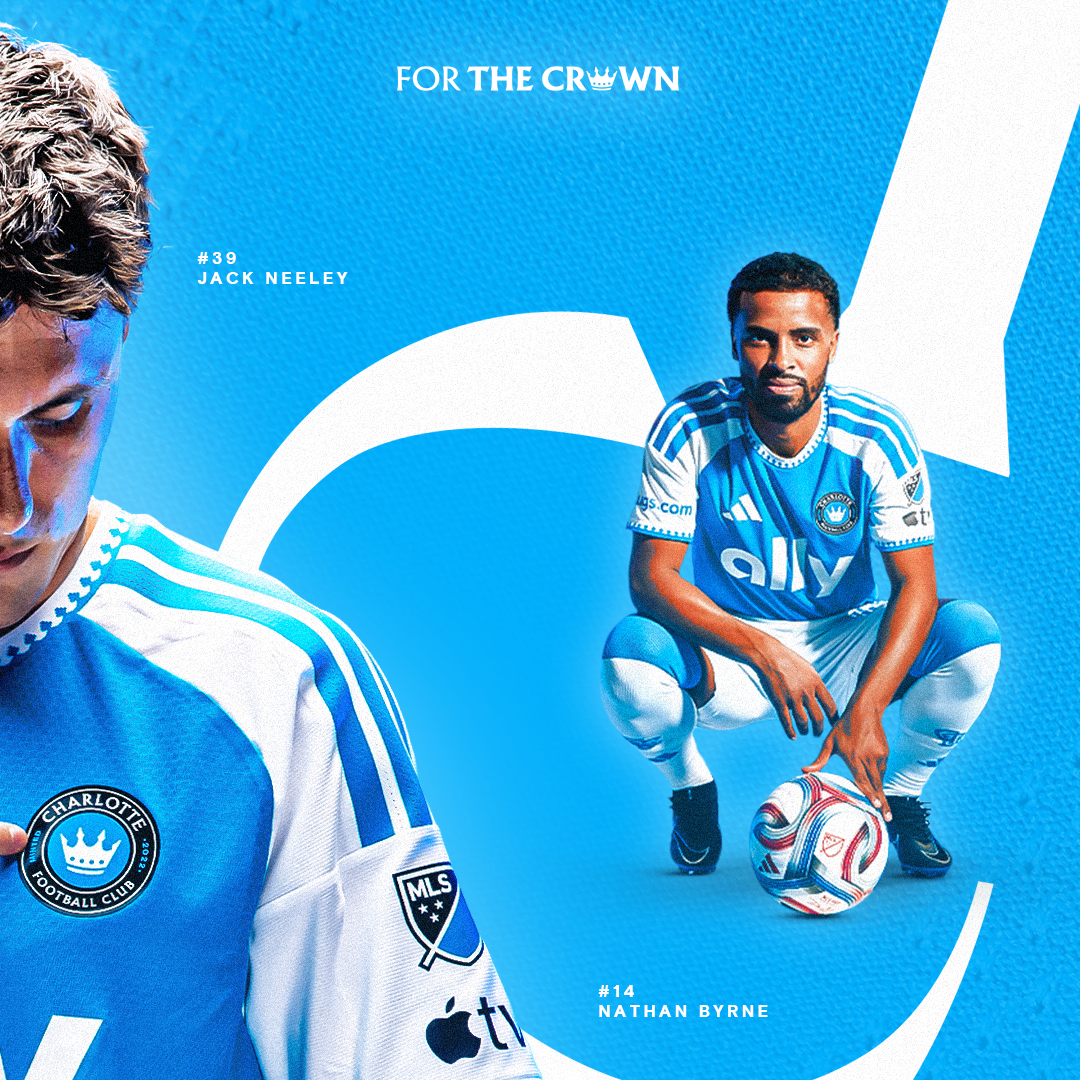 Jack Neeley and Nathan Byrne pose in Charlotte FC Carolina Kit for the Crown promotional shoot.