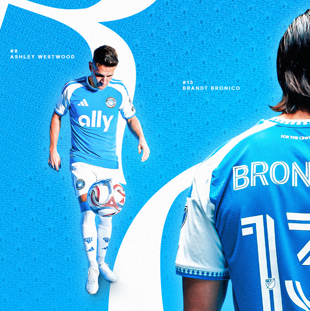 Ashley Westwood and Brandt Bronico showcase Charlotte FC Carolina Kit in dynamic action poses.