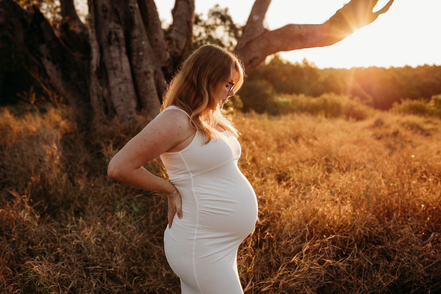 A maternity photoshoot in a golden field at sunset captures a silhouette against the warm glowing sky.