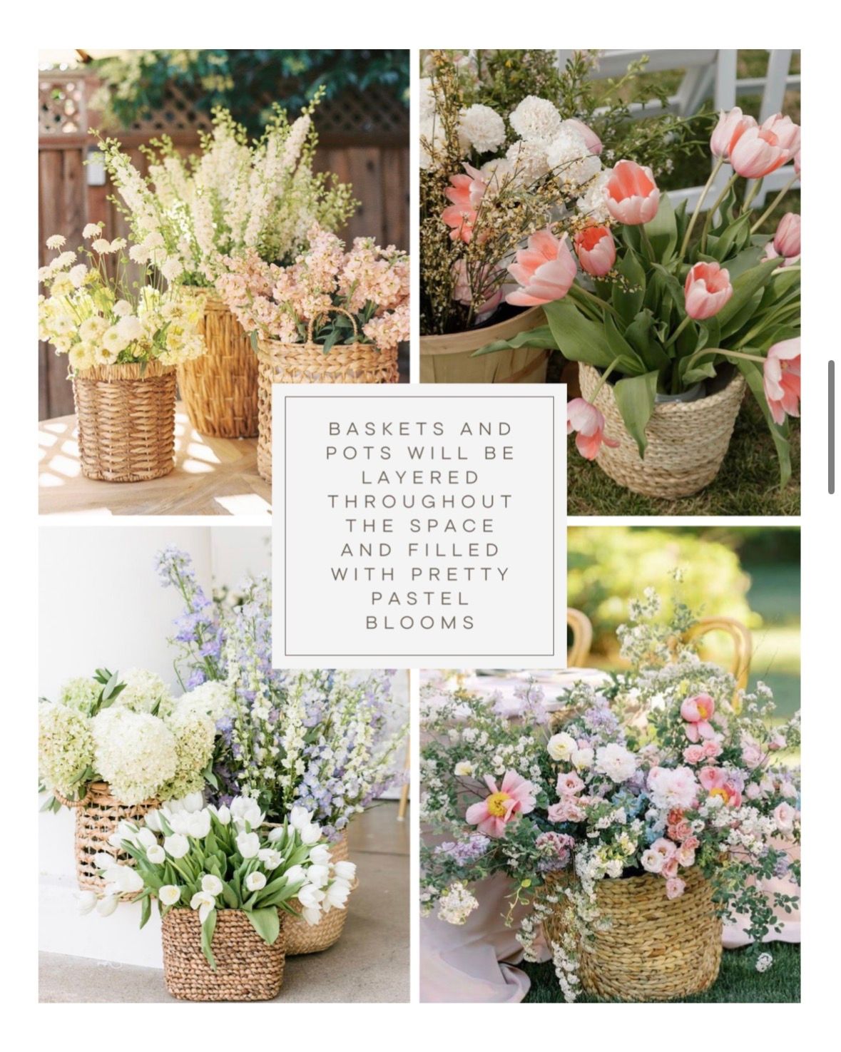 Woven baskets filled with fresh tulips, hydrangeas and spring flowers arranged in a rustic garden setting.