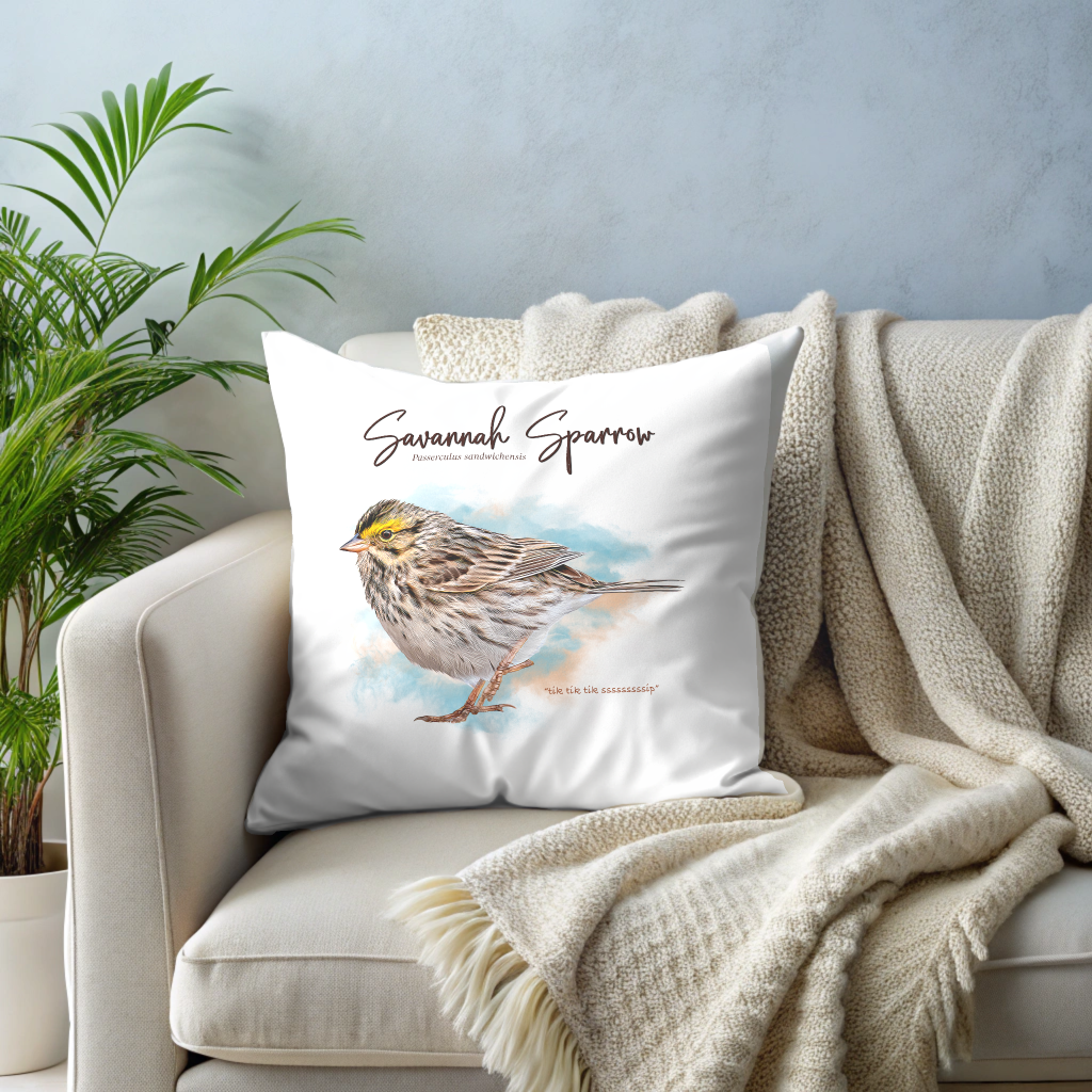 Decorative throw pillows with bird illustrations and a cozy beige blanket arranged on a light gray sofa with tropical plants.