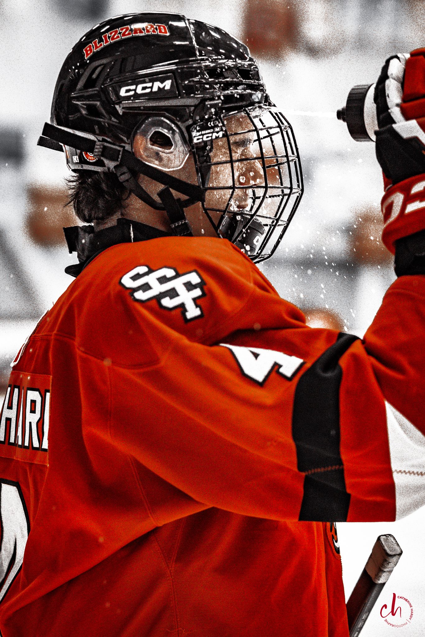 Hockey players in red jerseys and helmets lined up during a game.