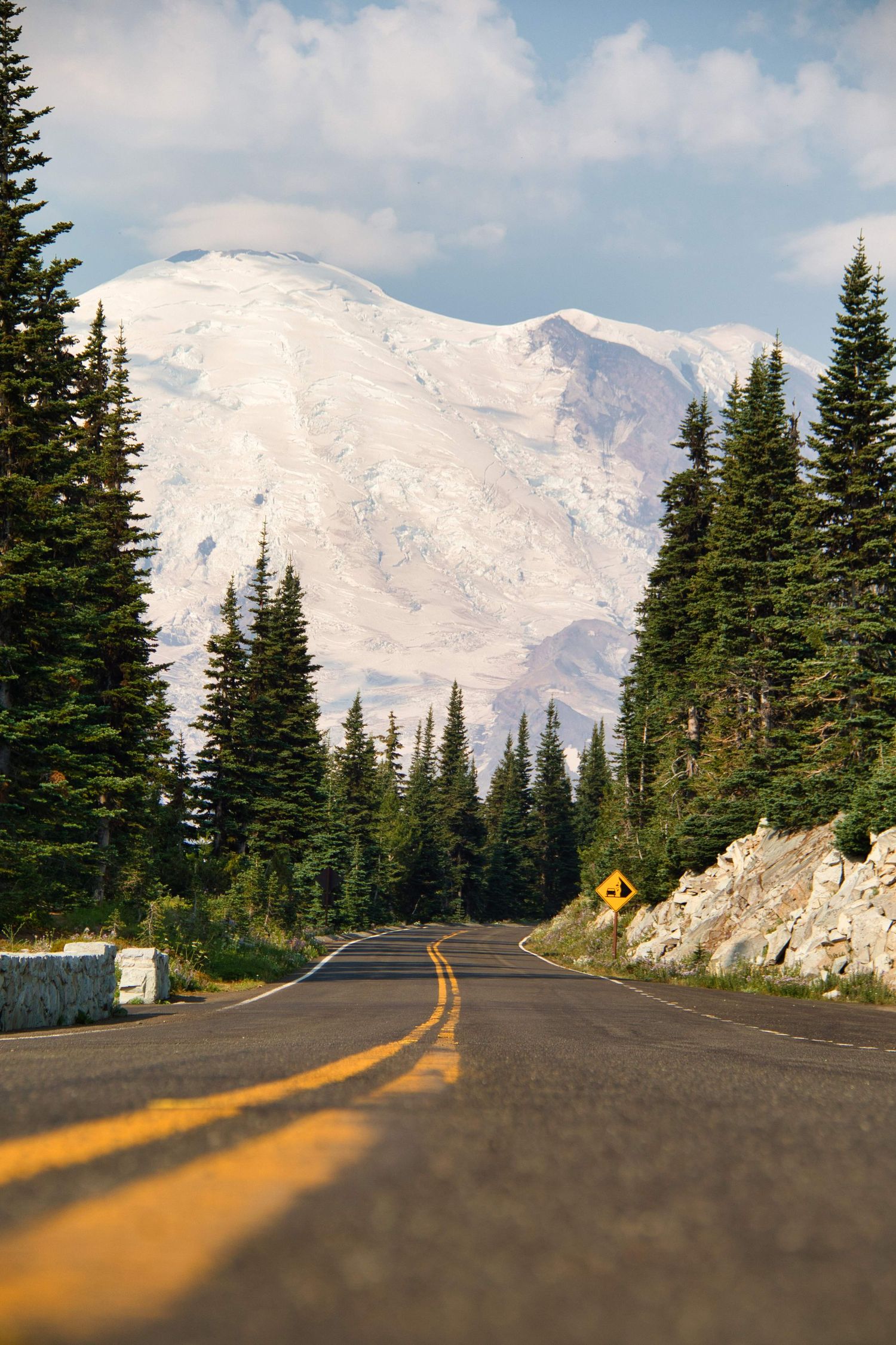 Mount Rainier photo from road with leading lines and mountain big in the background
