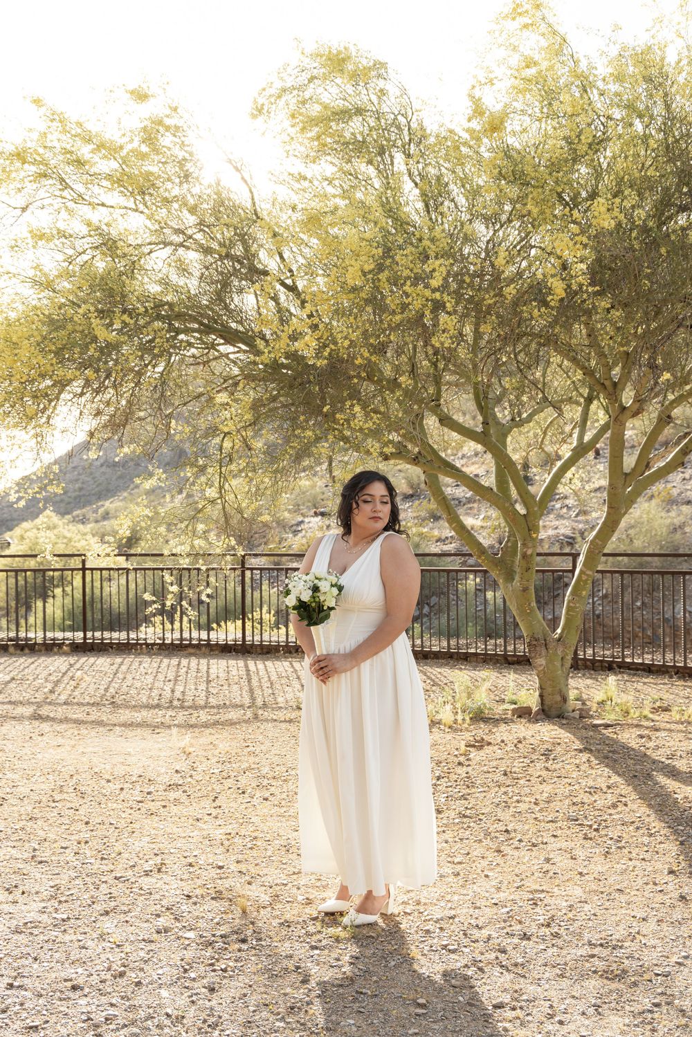 A person in a flowing white dress poses outdoors against a backdrop of sunlit trees and desert landscape.