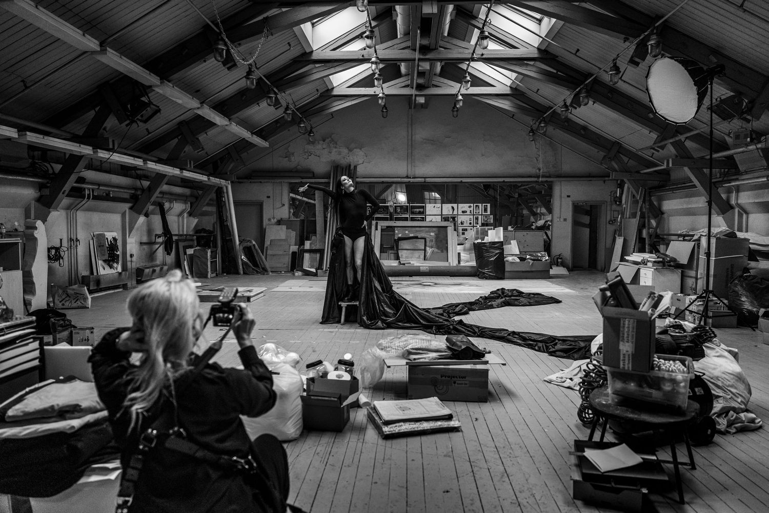 Black and white photo of a photographer at firs ballet studio for Elza Leimane.