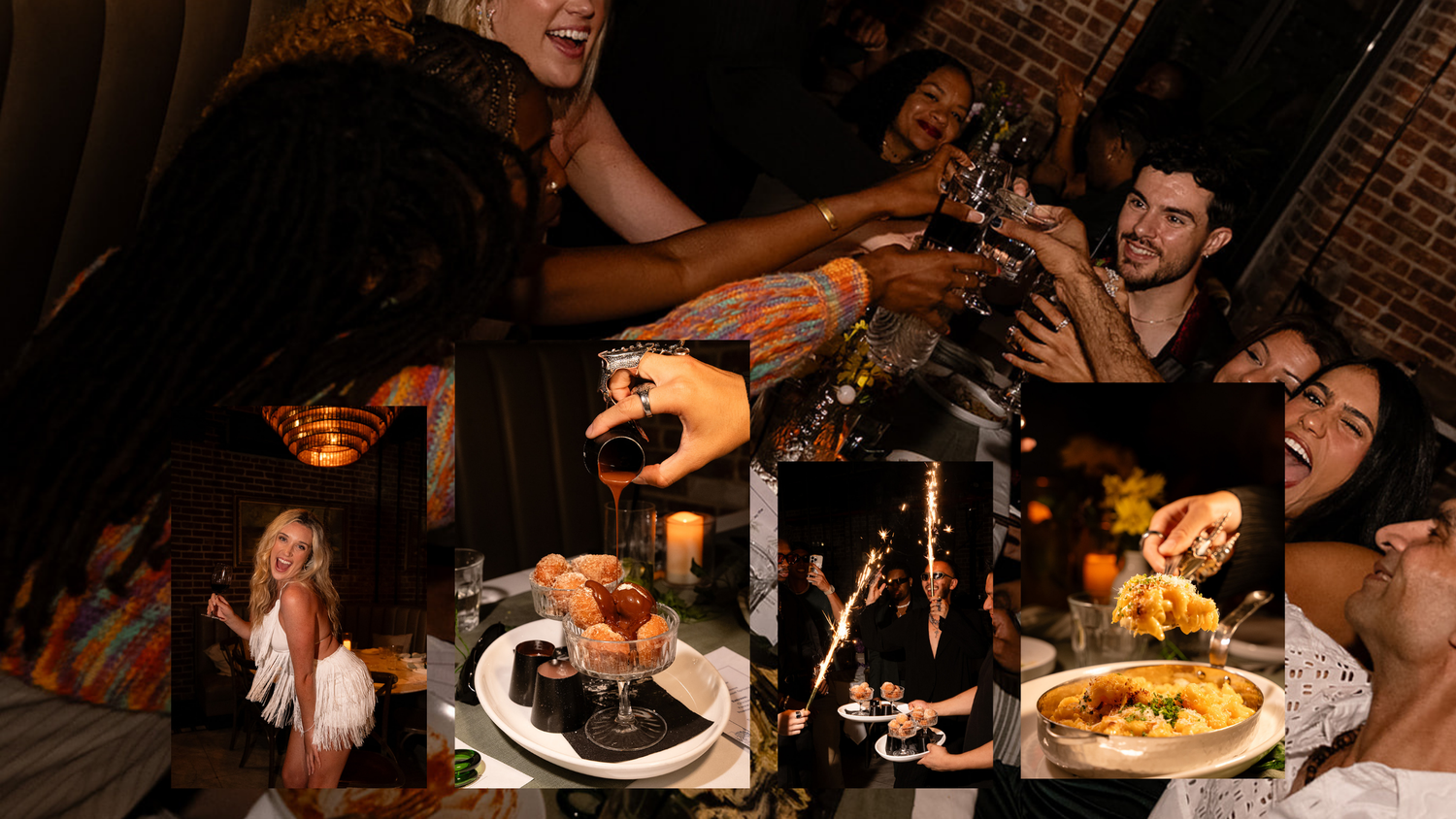 A collage of friends celebrating at a dinner party with food, drinks, and joyful moments.