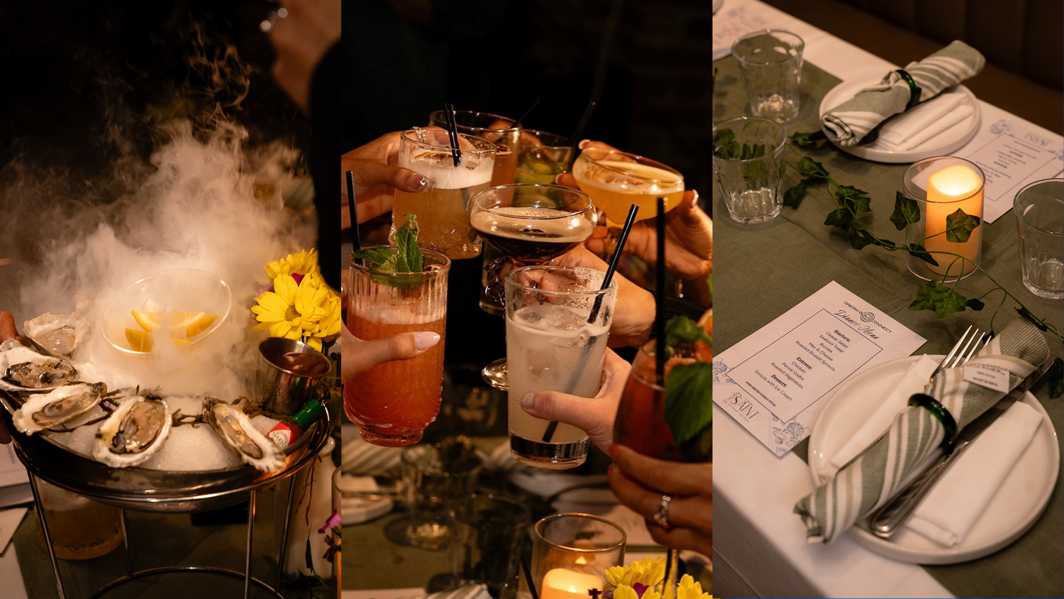 A split image showing fresh oysters, colorful cocktails, and an elegant green table setting.