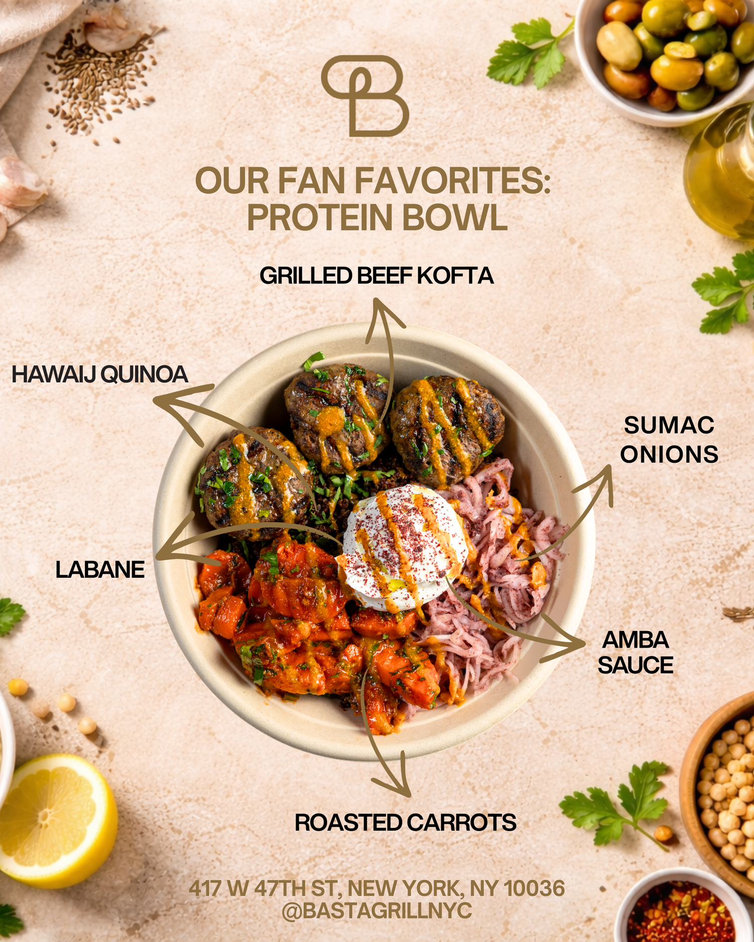 Protein bowl with grilled beef kofta, hawaij quinoa, labane, sumac onions, amba sauce, and roasted carrots.