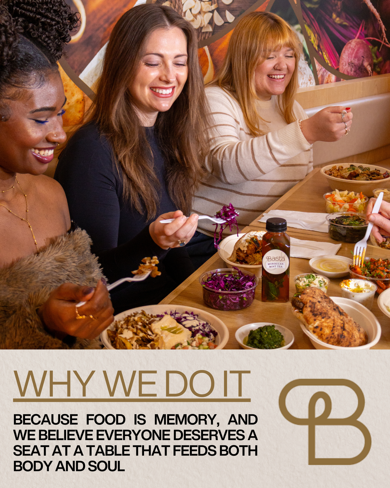 Three women laughing and sharing a Middle Eastern feast at Basta Grill NYC restaurant.