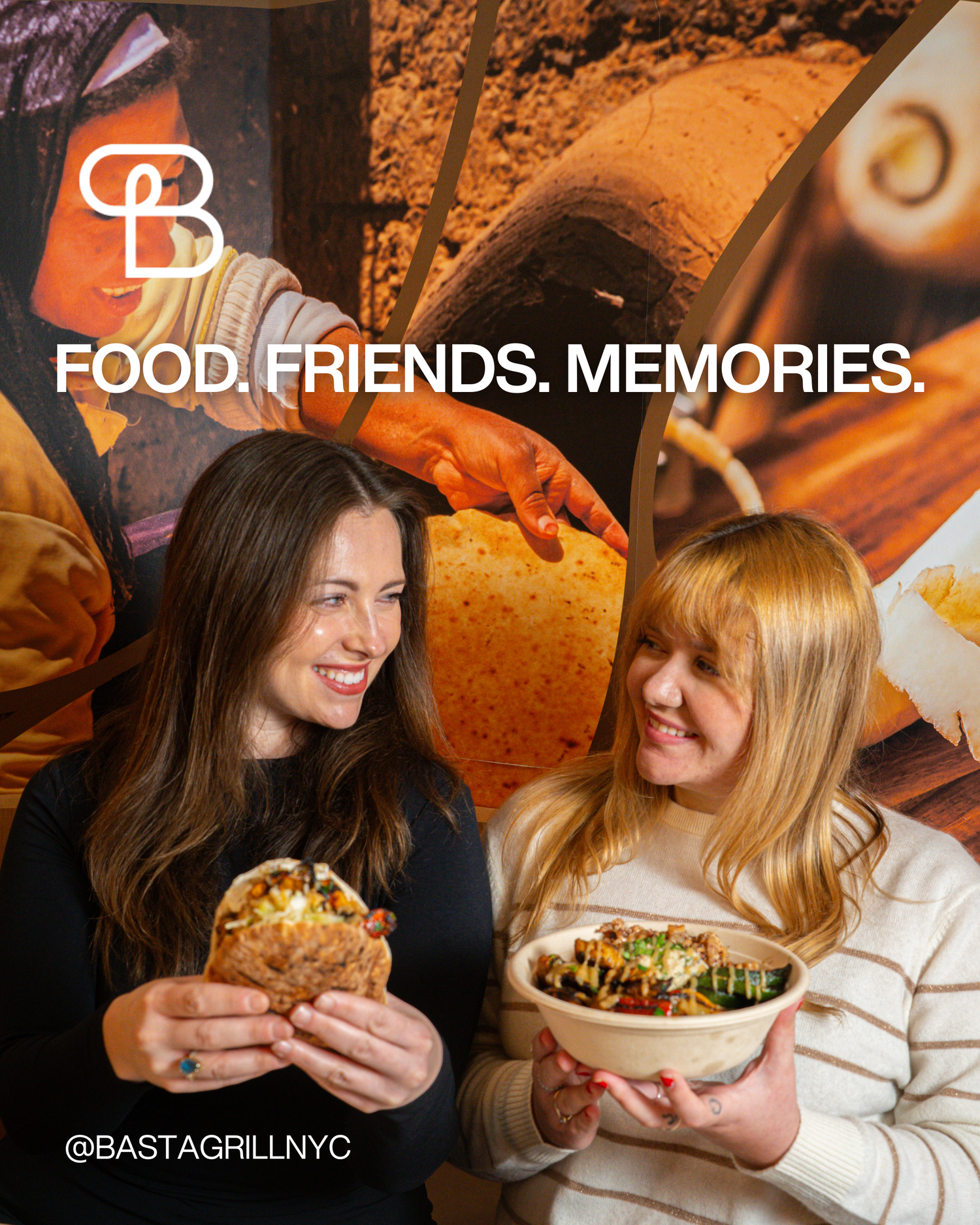 Two women smiling and enjoying food including a wrap and grain bowl at Basta Grill NYC.