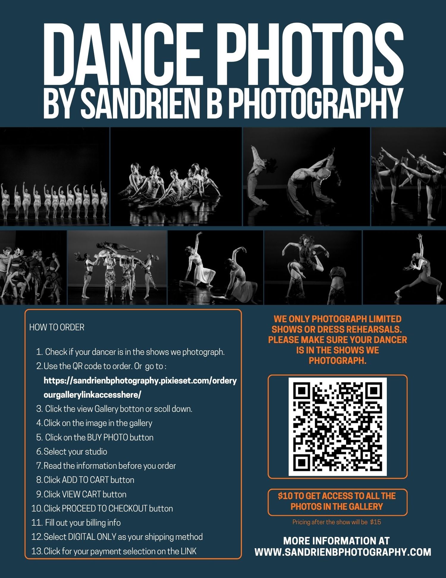 Black and white dance photography website banner with silhouettes of dancers and QR code information.