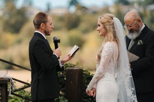 A series of wedding ceremony moments captured outdoors showing the exchange of vows and rings in a natural setting.