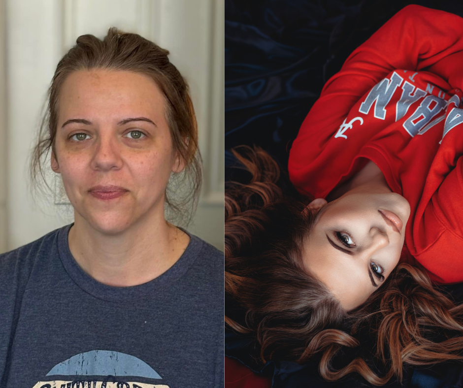 Split photo showing a woman with natural makeup-free look on left, and a glamorous brunette in red hoodie lying down on right.