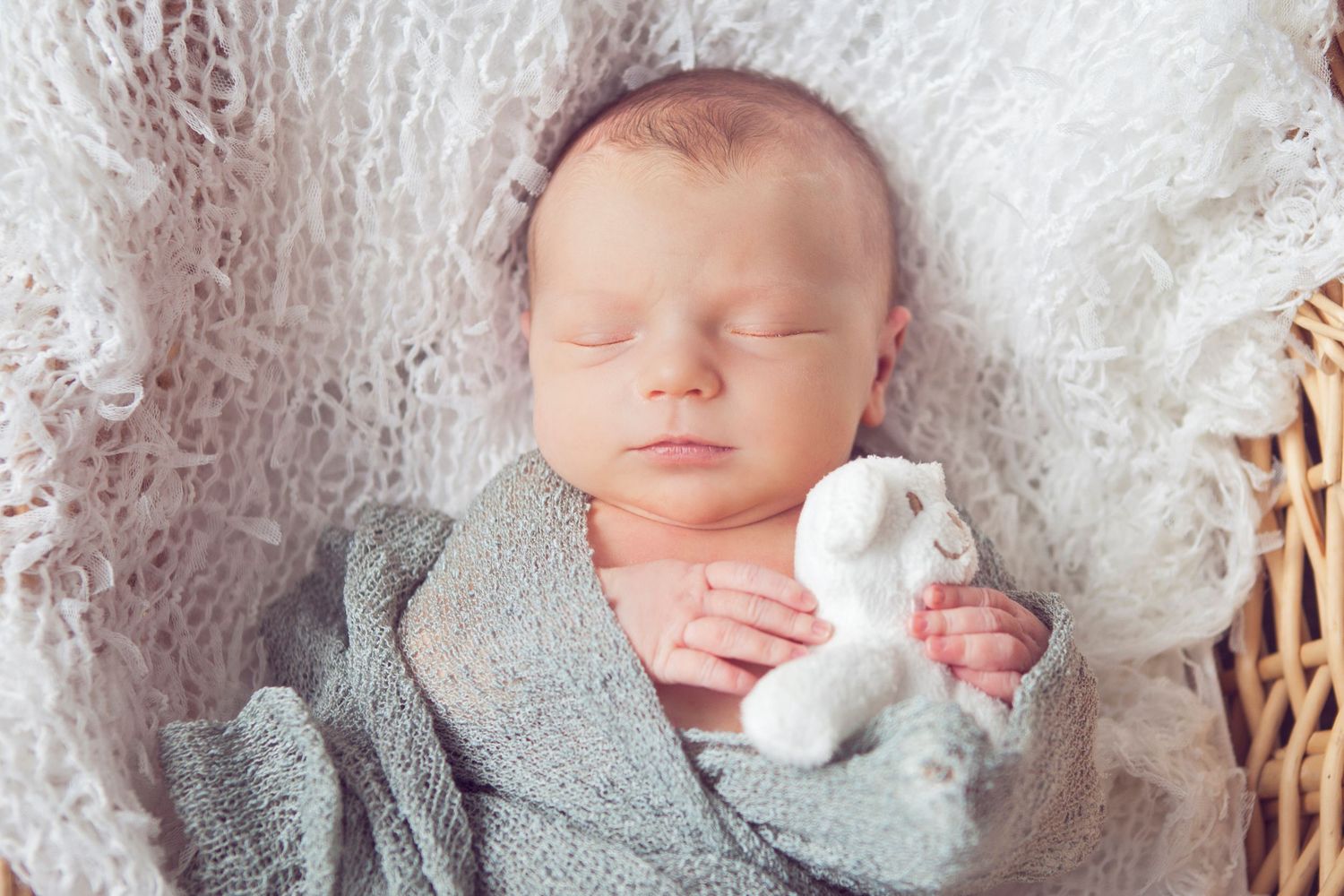 Peaceful newborn baby sleeping in a basket holding a white teddy bear, wrapped in a soft gray blanket.