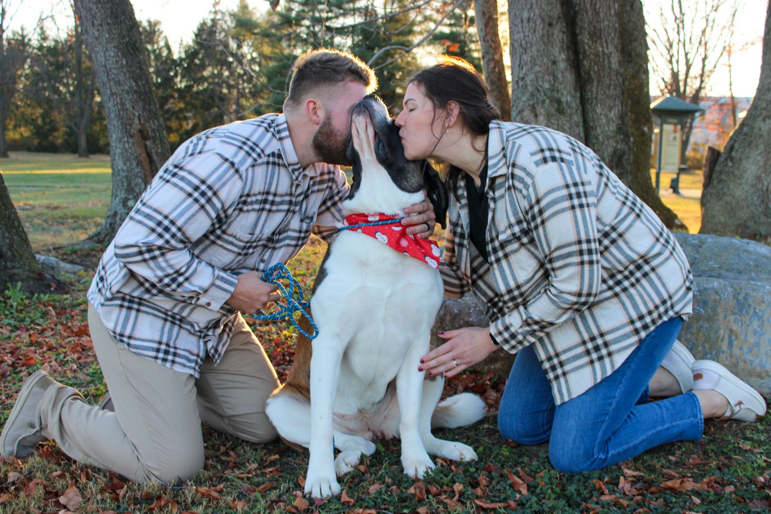 Couple in matching plaid shirts kissing their white dog on the cheeks in an outdoor park setting.