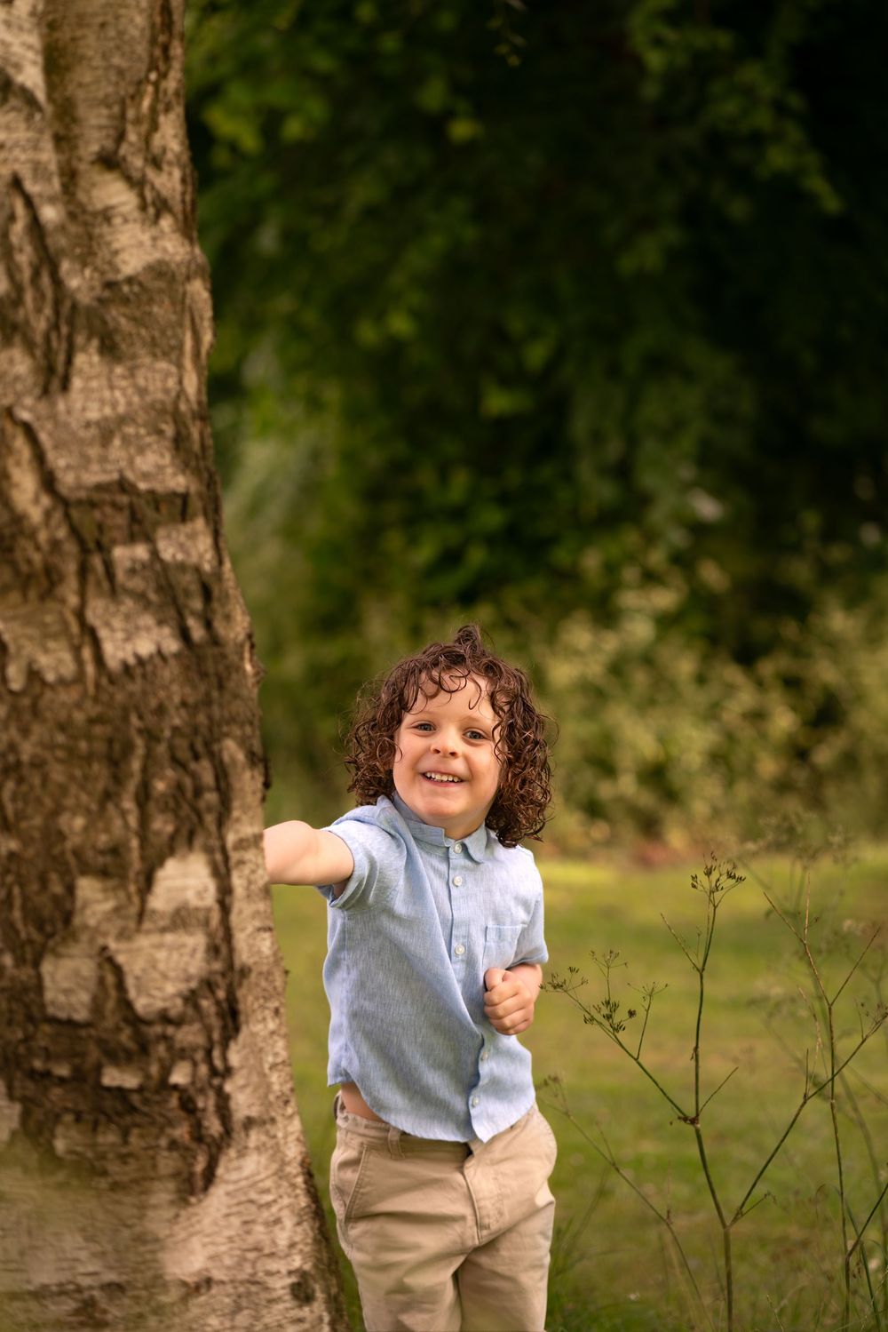 Curly-haired boy in blue shirt smiling and peeking around a tree trunk in a lush green park.