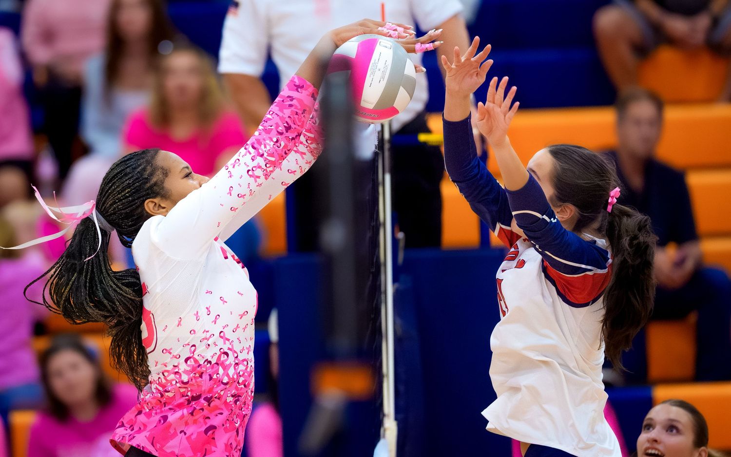 High school girls volleyball block game day coverage, Dig Pink match Central PA, by Deanna Fox, SportsFox Photography, Hershey PA