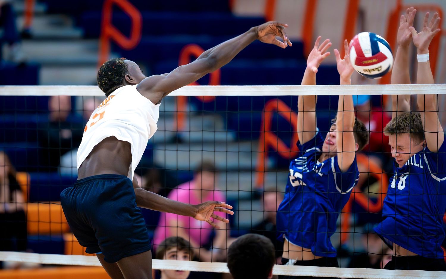 Hershey Trojans boys volleyball spike over block game day coverage, by Deanna Fox, SportsFox Photography, Hershey PA