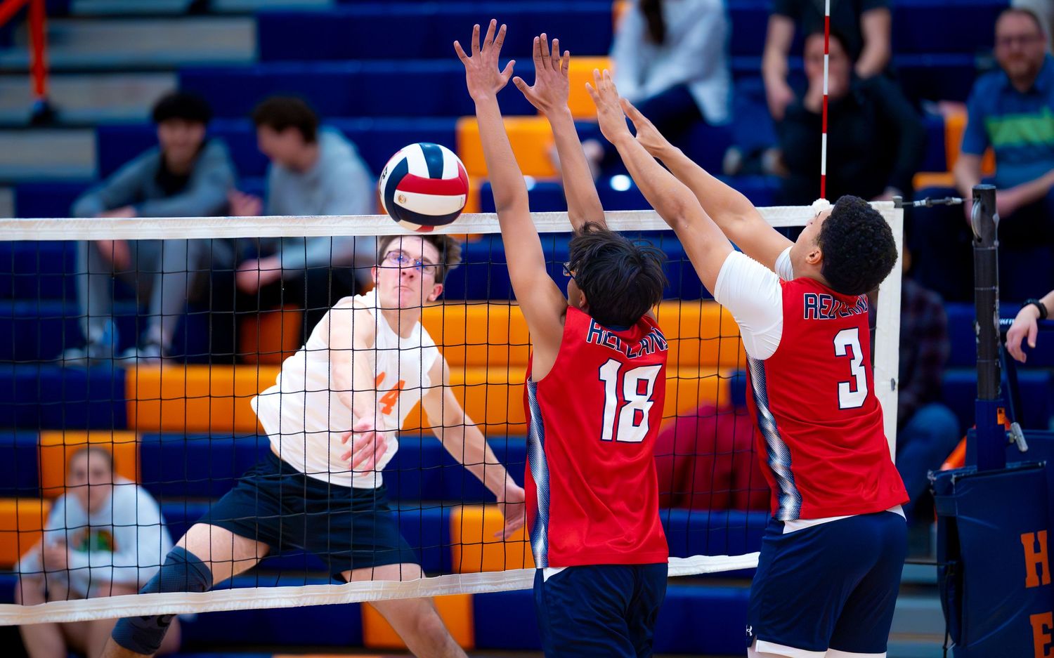 High school boys volleyball spike at the net game day coverage, Central PA, by Deanna Fox, SportsFox Photography, Hershey PA
