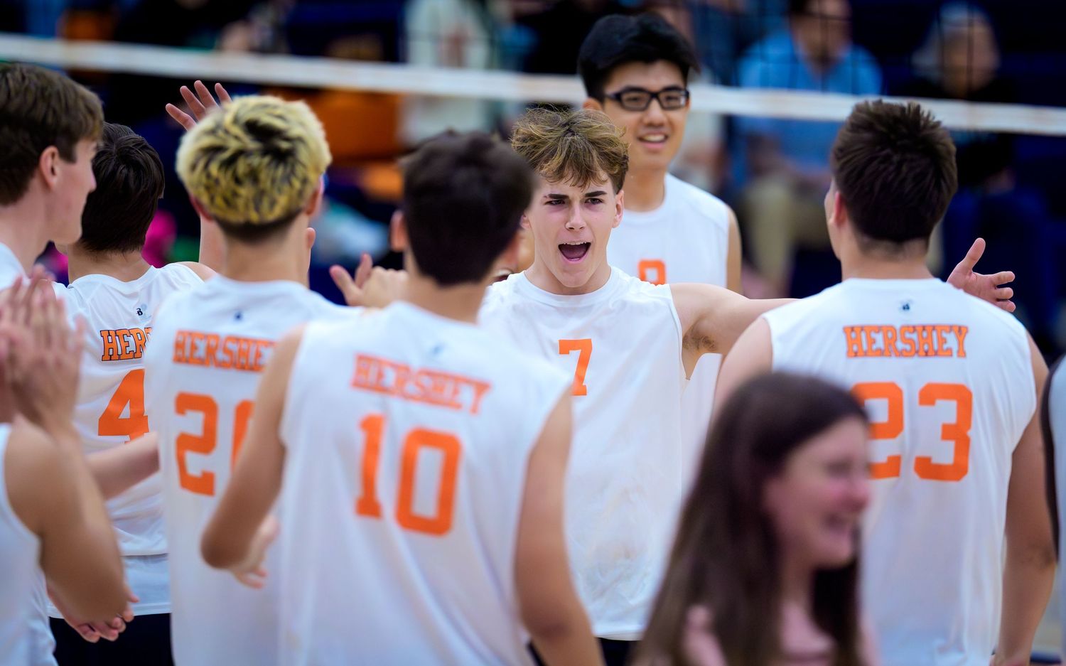 Hershey Trojans boys volleyball team celebration game day coverage, by Deanna Fox, SportsFox Photography, Hershey PA