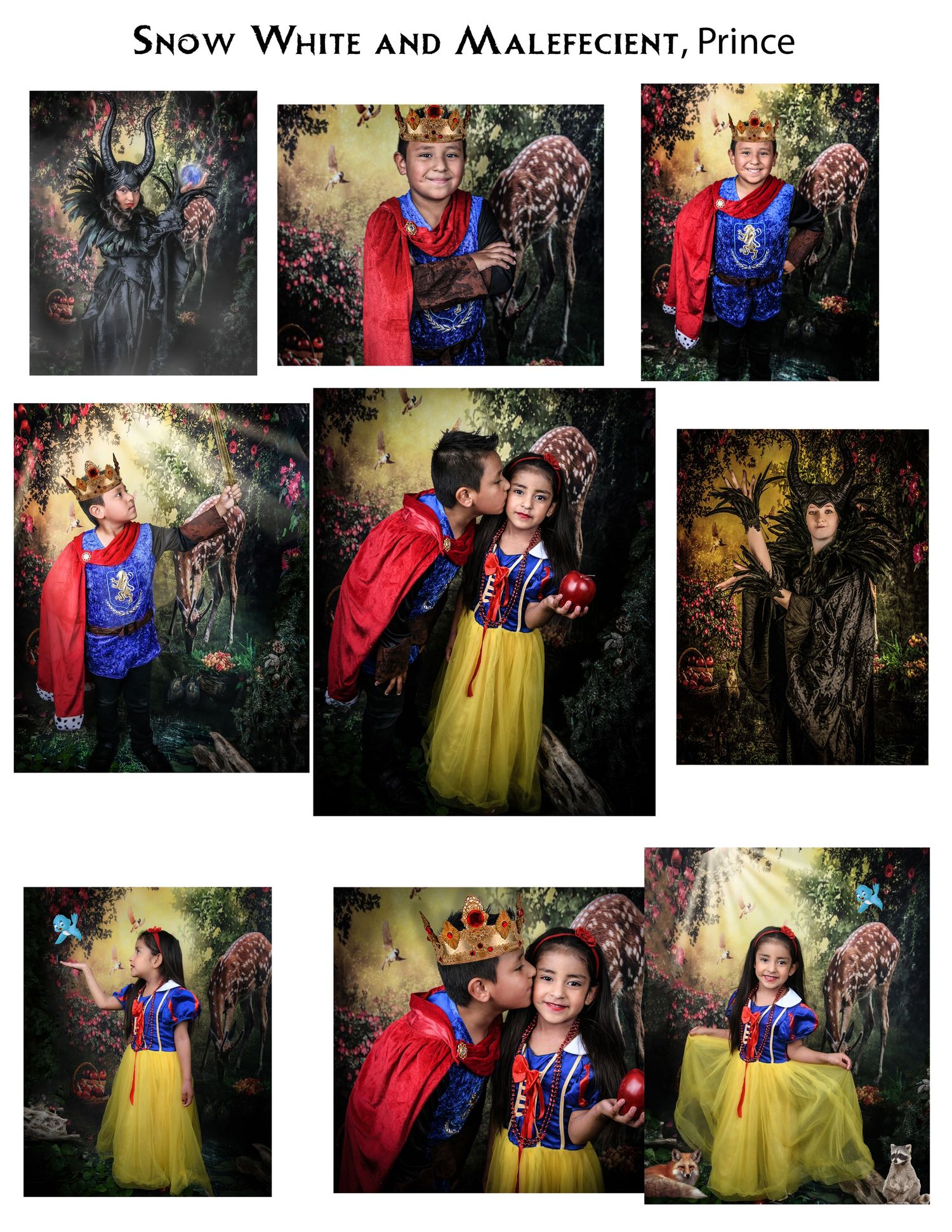 Collage of children in Frozen costumes as Elsa, Anna, Olaf, and Kristoff in winter wonderland photo settings.