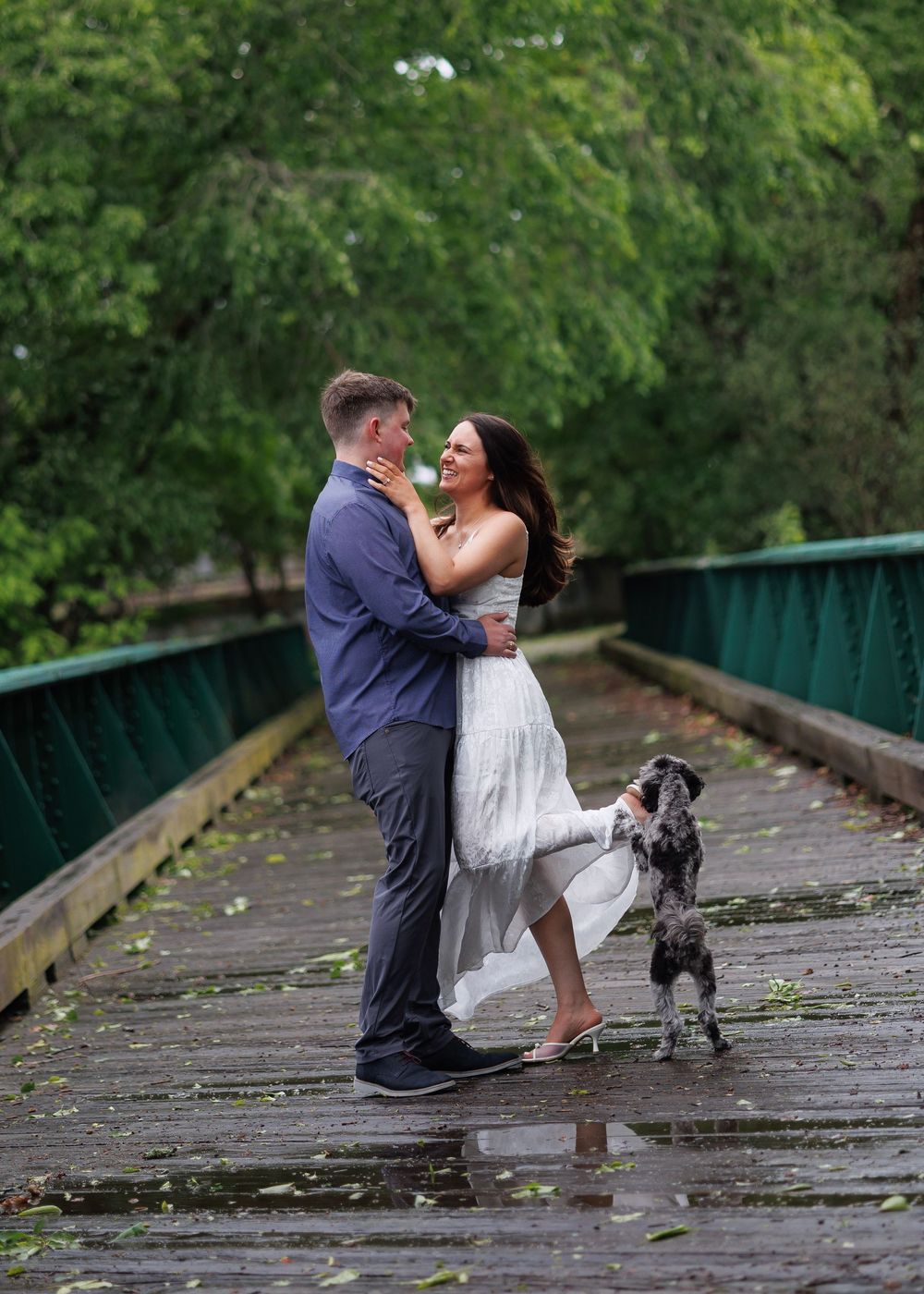 Couple dancing on rainy bridge with their spotted dog jumping up beside them outdoors.