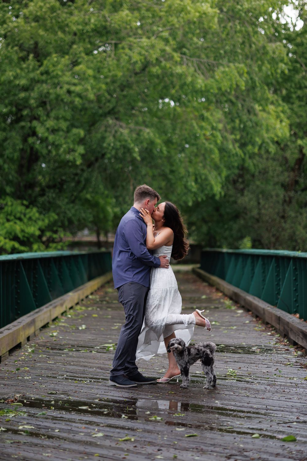 Couple kisses passionately on rain-soaked wooden bridge with small dog at their feet.