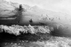 Black and white photo of a powerful ocean wave crashing, captured from water level with dramatic spray and foam.